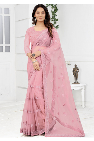 Pink Embroidered Net Saree