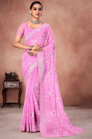 Pink Embroidered Shimmer Saree