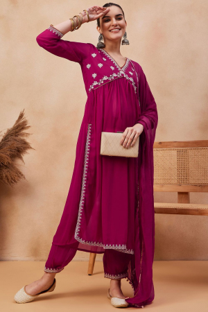 Pink Faux Georgette Embroidered Kurta Set with Dupatta