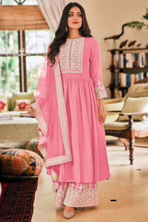 Pink Georgette Embroidered Palazzo Suit