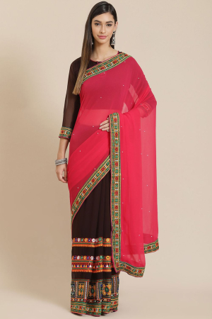 Pink Georgette Half and Half Embroidery Work Party Wear Saree