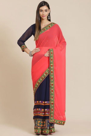 Pink Georgette Half and Half Embroidery Work Party Wear Saree