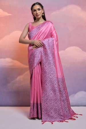 Pink Handloom Raw Silk Woven Saree