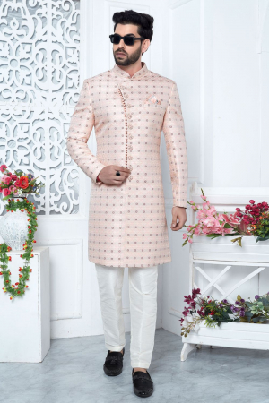 Pink Jacquard Silk Indo Western Outfit