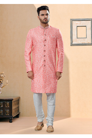 Pink Jacquard Wedding Wear Sherwani