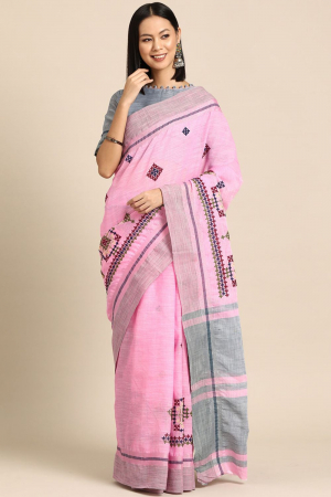 Pink Linen Cotton Thread Embroidered Party Wear Saree