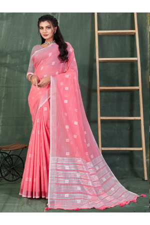 Pink Linen Woven Saree