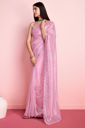 Pink Net Embroidered Party Wear Saree