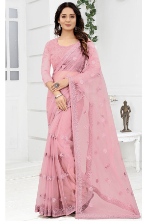 Pink Net Embroidered Saree