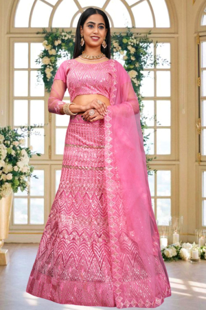Pink Net Sequins Embroidered Lehenga Choli Set