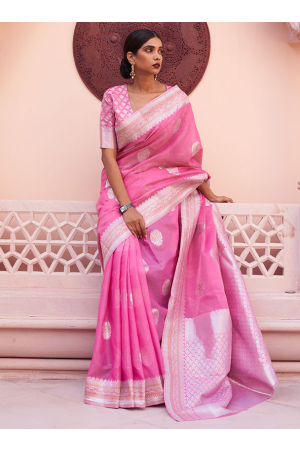 Pink Pure Linen Woven Saree