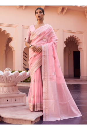 Pink Pure Linen Woven Saree