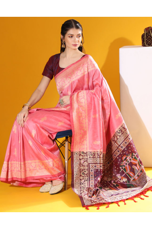Pink Raw Silk Kalamkari Woven Saree