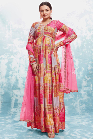 Pink Readymade Gown with Dupatta
