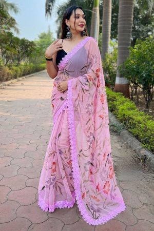 Pink Shimmer Hand Printed Party Wear Saree