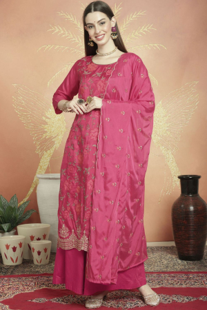 Pink Silk Embroidered Palazzo Kameez Suit