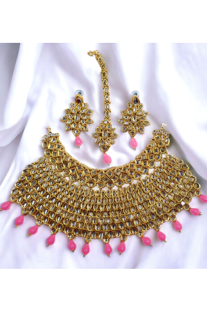 Pink Studded Gold Plated Choker Necklace Set