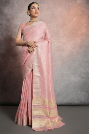 Pink Tissue Linen Zari Woven Saree