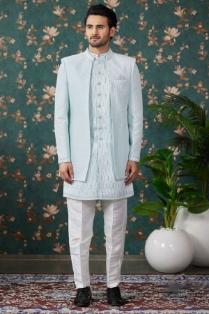 Pista Green Art Silk 3 Piece Indo Western Outfit for Wedding