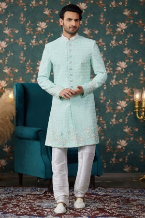 Pista Green Art Silk Wedding Wear Sherwani