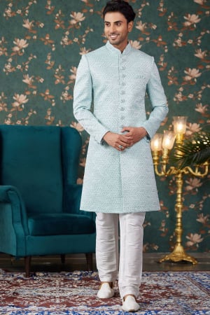 Pista Green Art Silk Wedding Wear Sherwani