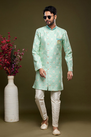 Pista Green Banarasi Jacquard Indo Western Outfit