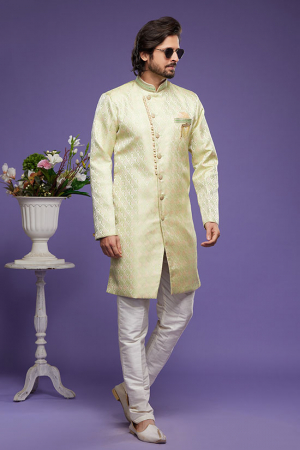 Pista Green Banarasi Jacquard Indo Western Outfit