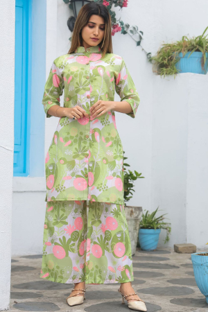 Pista Green Cotton Floral Printed Co-Ord Set