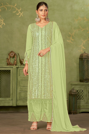 Pista Green Georgette Embroidered Palazzo Suit