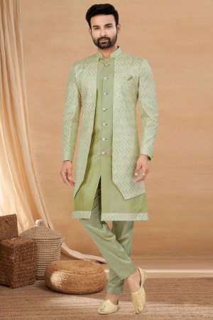 Pista Green Heavy Art Silk Embroidered Indo Western Outfit