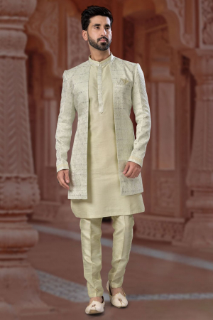 Pista Green Heavy Wedding Wear Indo Sherwani