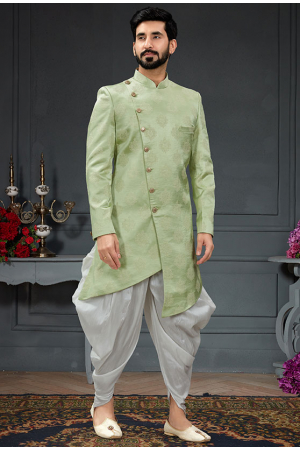 Pista Green Imported Jacquard Indo Western Outfit