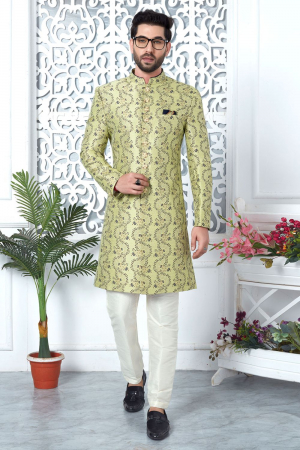 Pista Green Jacquard Silk Indo Western Outfit