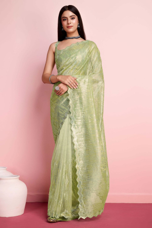 Pista Green Net Embroidered Party Wear Saree