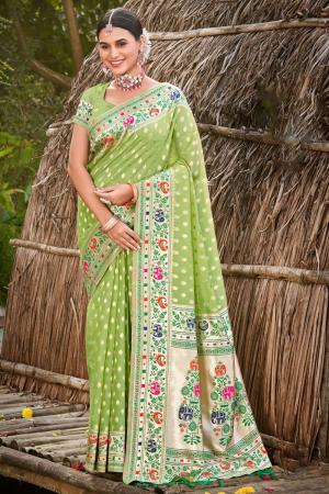 Pista Green Paithani Silk Zari Woven Saree