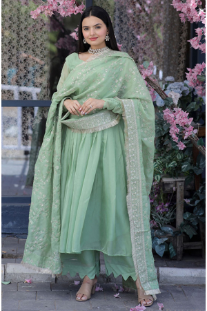 Pista Green Sequins Embroidered Sarara Kameez Suit