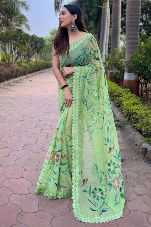 Pista Green Shimmer Hand Printed Party Wear Saree