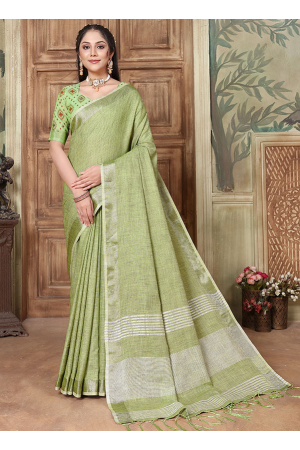 Pista Green Soft Linen Weaving Saree