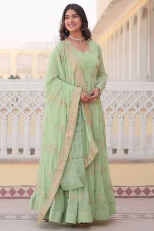 Pistachio Green Embroidered Faux Georgette Gown with Dupatta