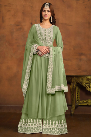 Pistachio Green Embroidered Faux Georgette Palazzo Kameez