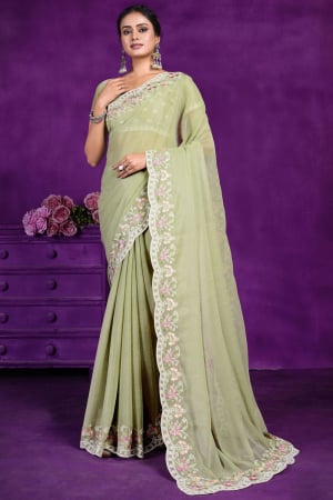 Pistachio Green Embroidered Silk Shimmer Saree