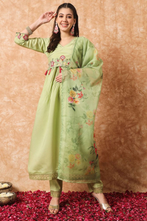 Pistachio Green Embroidered Viscose Readymade Pant Kameez