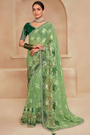 Pistachio Green Georgette Saree with Embroidered Blouse