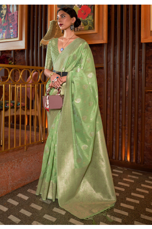 Pistachio Green Handloom Weaving Tussar Silk Saree