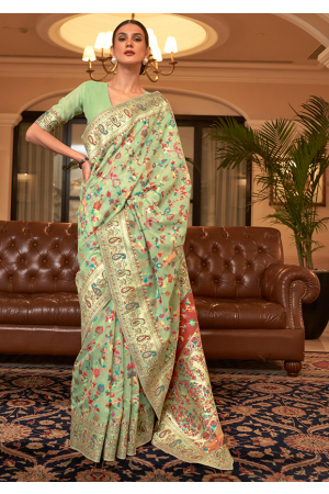 Pistachio Green Kashmiri Weaving Handloom Silk Saree