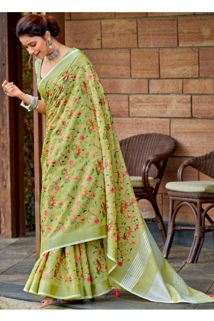 Pistachio Green Kashmiri Work Linen Saree