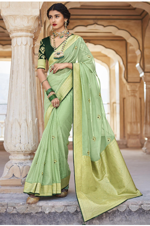 Pistachio Green Silk Designer Saree