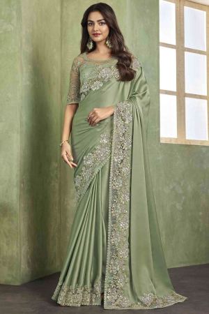 Pistachio Green Silk Saree with Embroidered Blouse