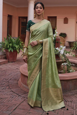 Pistachio Green Viscose Saree with Embroidered Blouse