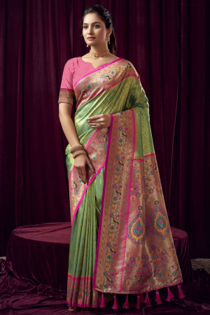 Pistachio Green Woven Kanchipuram Silk Saree